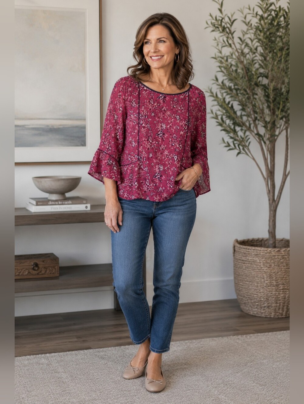 LOFT Knit Back Bell Sleeve Floral Top Cottagecore Feminine Casual Women's SP